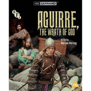 Aguirre The Wrath Of God 4K Ultra HD Blu-ray cover featuring Klaus Kinski as Don Lope de Aguirre in armor from Werner Herzog's historical drama film