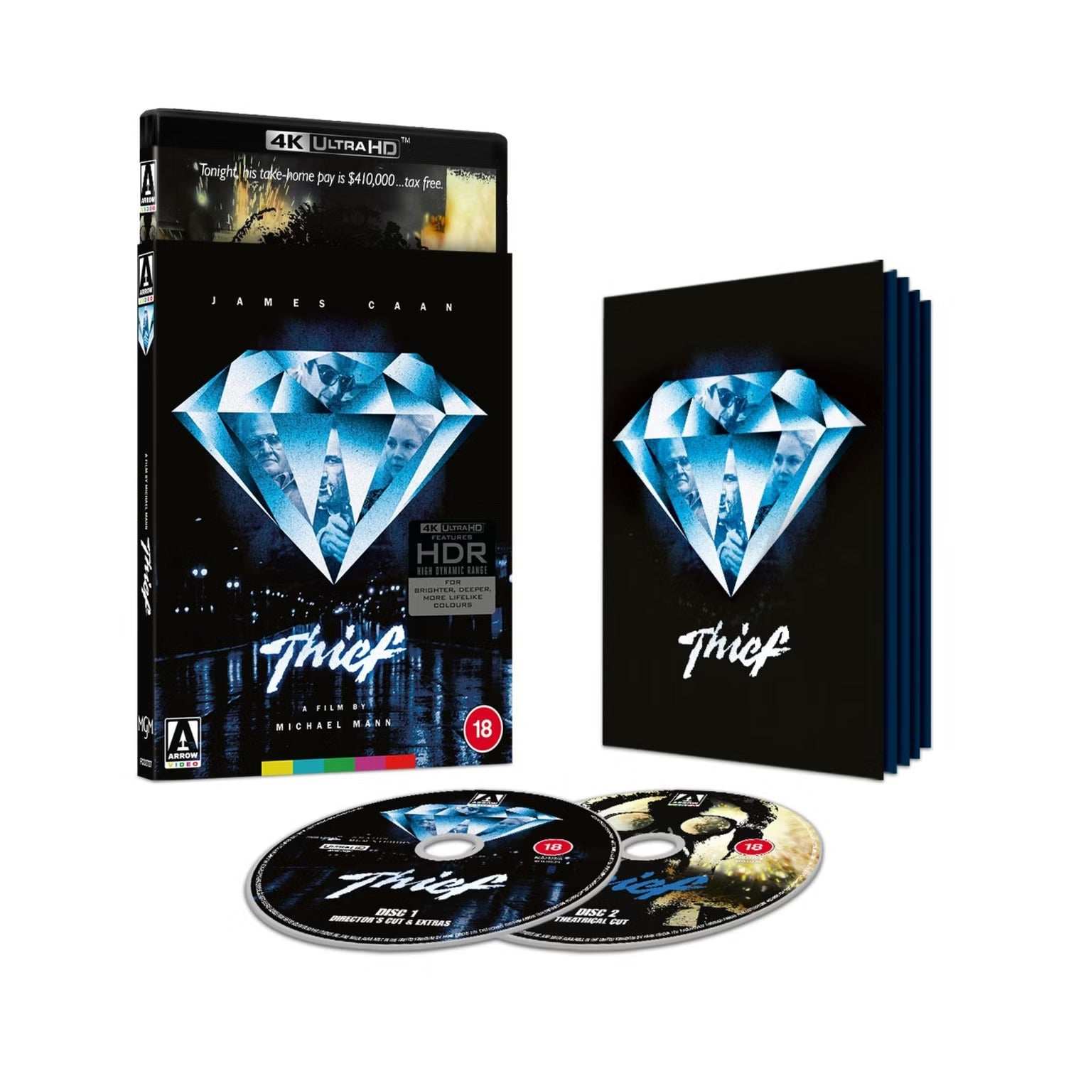 Thief Limited Edition 4K UHD and Blu-Ray set with slipcover and booklet featuring neo-noir crime film by Michael Mann.