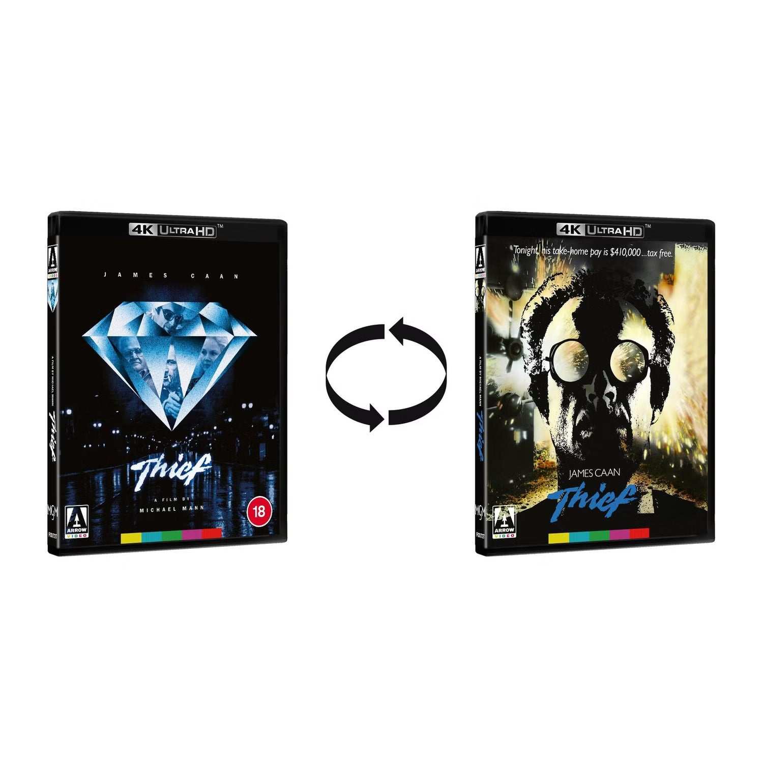 Thief Limited Edition 4K Ultra HD Blu-Ray with reversible slipcover and booklet featuring original and new artwork.