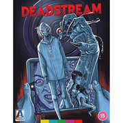 Deadstream Limited Edition Blu-Ray cover featuring horror characters and a giant hand holding a tablet, designed with bold red title text and dark eerie artwork
