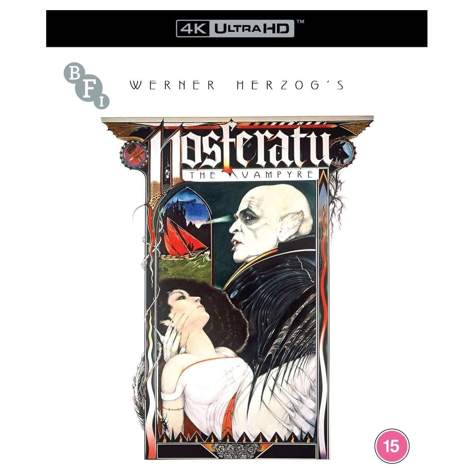 Nosferatu The Vampyre 1979 4K Ultra HD movie cover with vampire and woman illustration