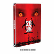 28 Days Later Limited Edition Steelbook 4K Ultra HD, red cover with biohazard symbol and intense eyes.