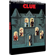 Clue 40th Anniversary Limited Edition Steelbook 4K UHD and Blu-Ray featuring iconic board game characters in house illustration