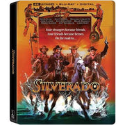 Silverado 40th Anniversary 4K UHD and Blu-ray steelbook featuring restored Western film cover with cowboys riding horses through water splash