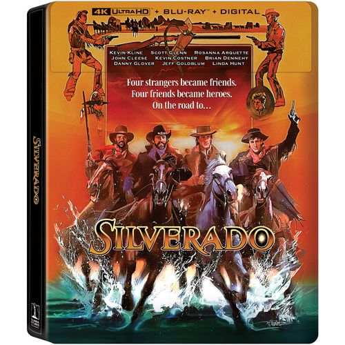 Silverado 40th Anniversary 4K UHD and Blu-ray steelbook featuring restored Western film cover with cowboys riding horses through water splash