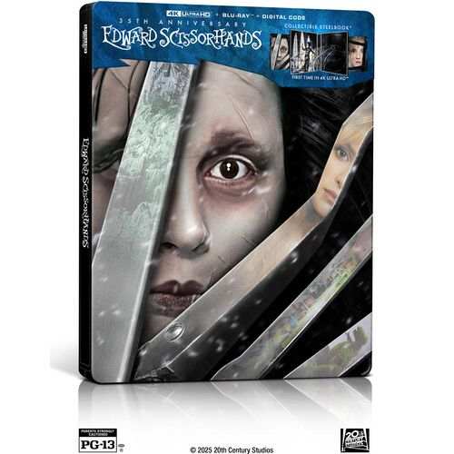 Edward Scissorhands 35th Anniversary 4K UHD Steelbook with close-up of Edward's eyes and iconic scissor hands on cover