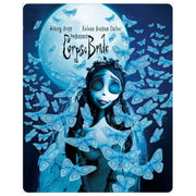 Corpse Bride 2005 UK Steelbook 4K Ultra HD and Blu-Ray cover with blue butterflies and animated bride character