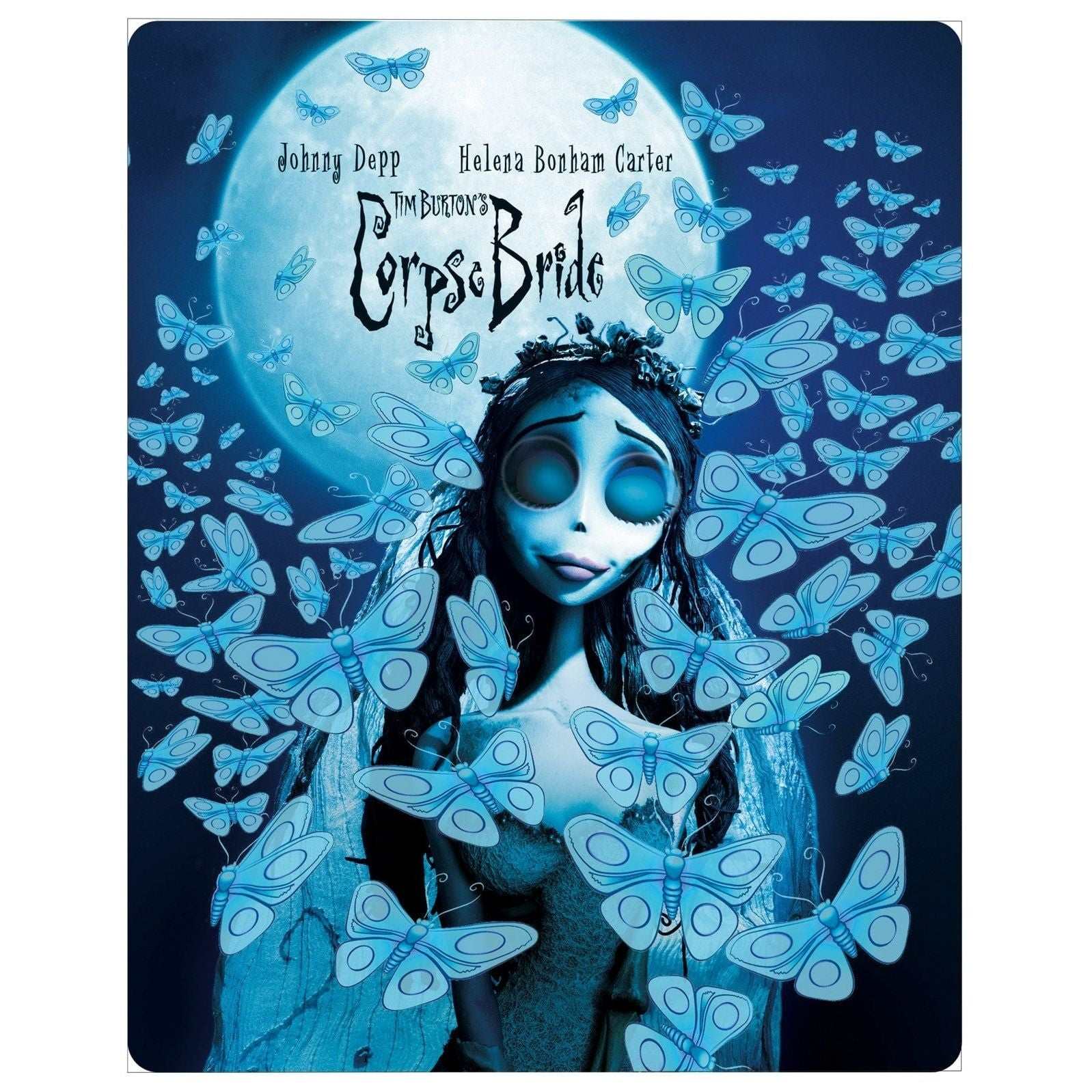 Corpse Bride 2005 UK Steelbook 4K Ultra HD and Blu-Ray cover with blue butterflies and animated bride character