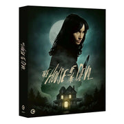 The House of the Devil Limited Edition Blu-Ray with rigid slipcase and extras featuring horror movie cover art with woman holding knife and eerie house under full moon.