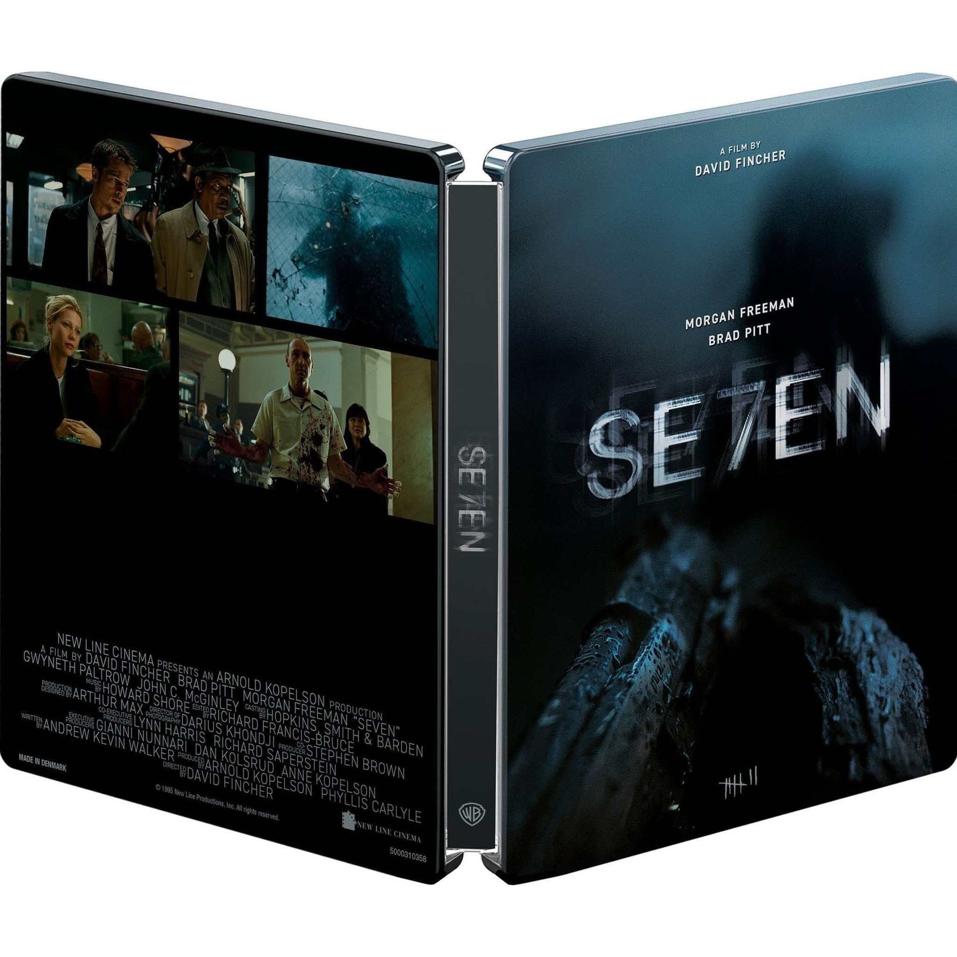 Se7en Limited Steelbook 4K UHD and Blu-Ray with thriller cover art featuring dark atmospheric design and key scenes from the movie
