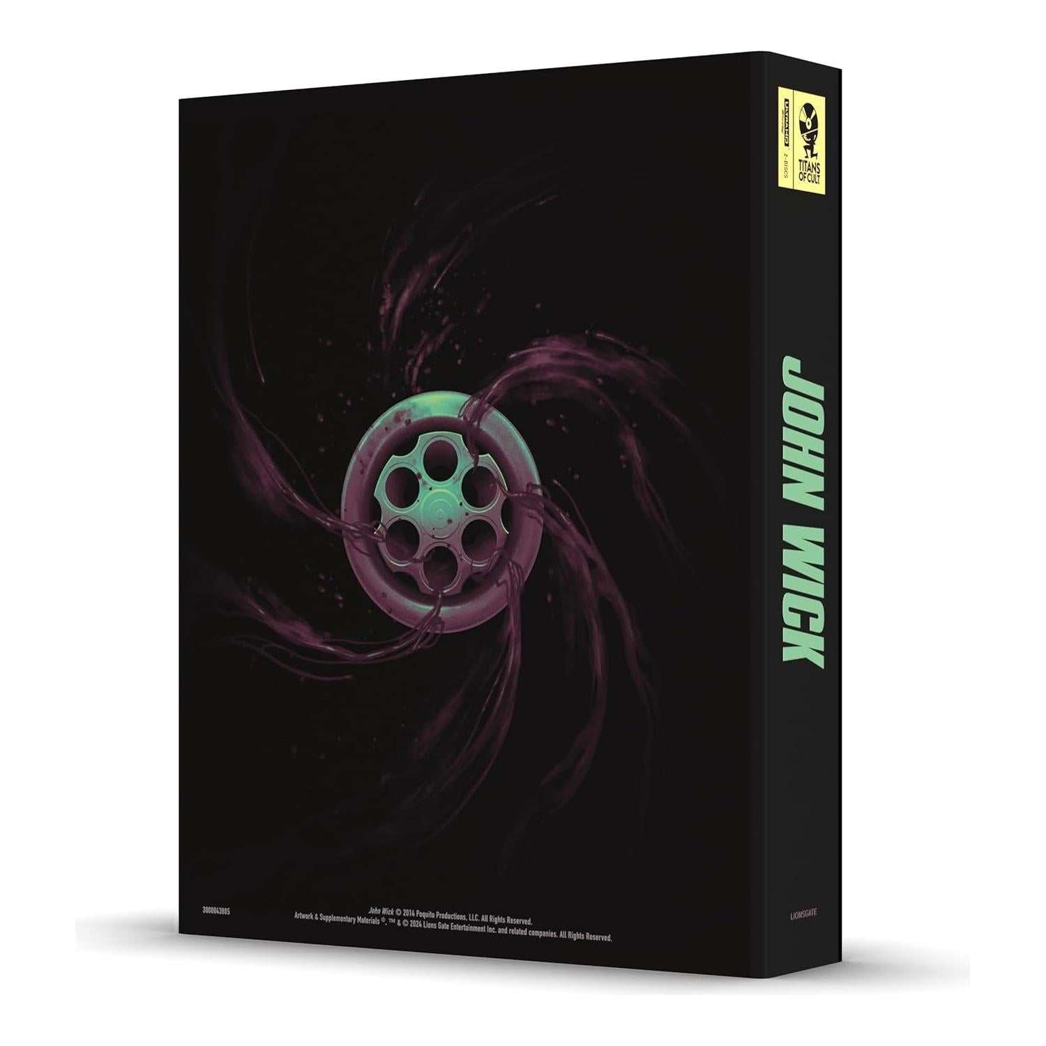 John Wick Titans Of Cult Limited Edition Steelbook 4K UHD Blu-Ray with artwork and collectible items.