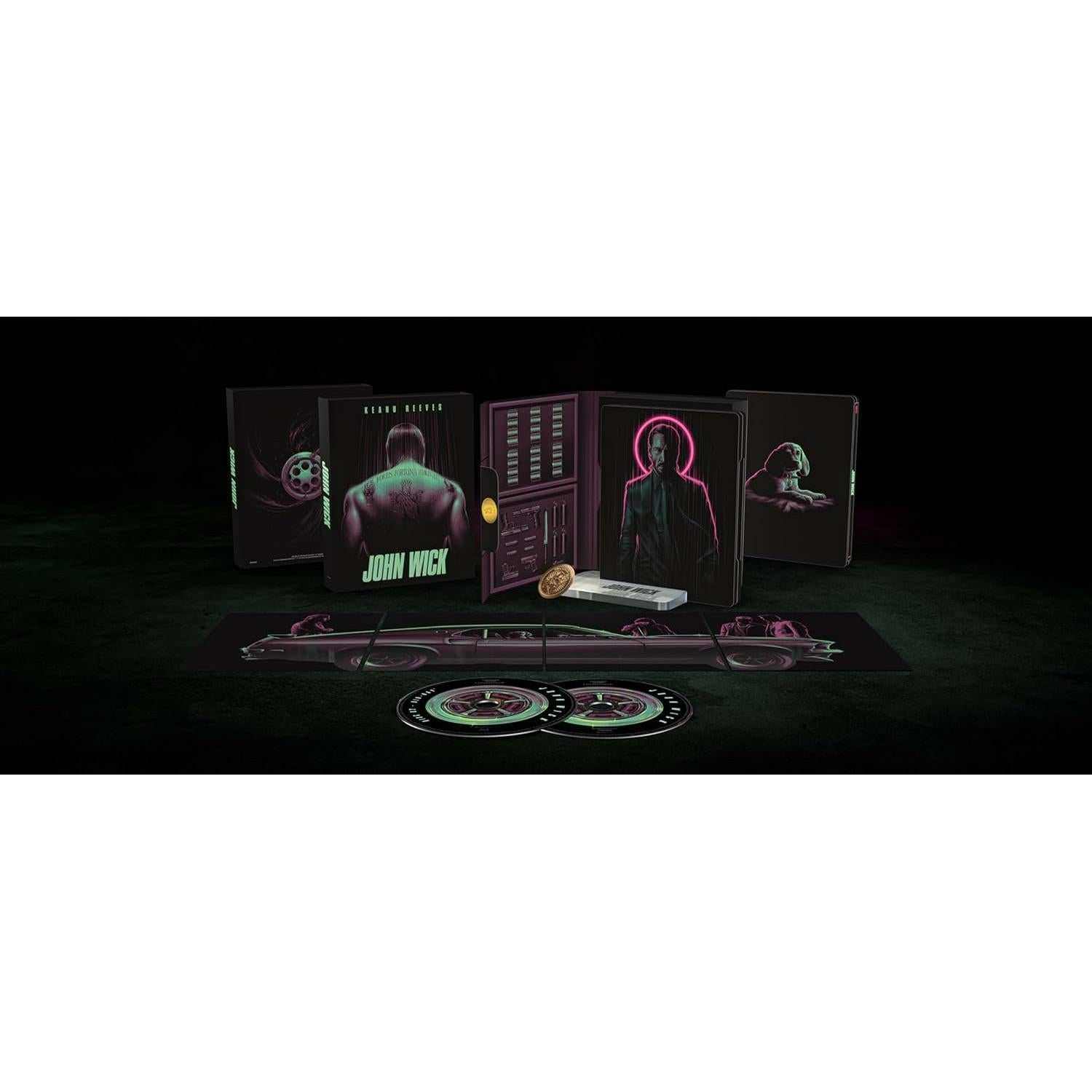 John Wick (Titans Of Cult) Limited Edition Steelbook 4K Ultra HD set with collectible art cards, golden Continental coin, and acrylic stand.