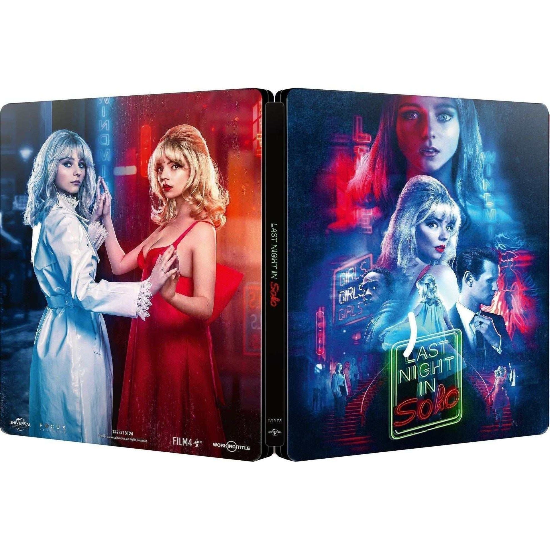 Last Night In Soho limited collectors edition steelbook with 4K Ultra HD and Blu-Ray, featuring film characters and neon Soho street art