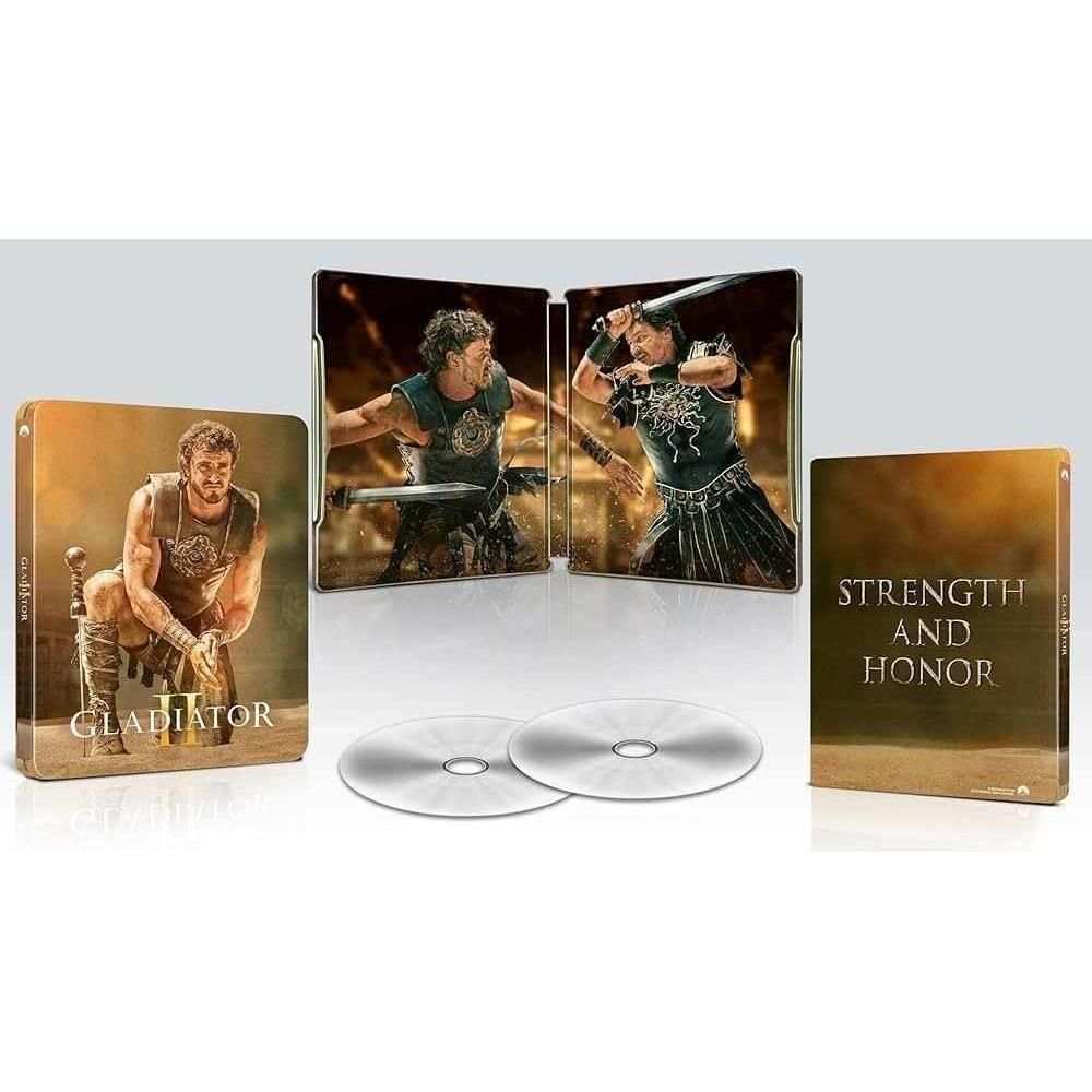 Gladiator II Limited Edition UK Steelbook 4K Ultra HD + Blu-Ray Set, featuring epic scenes from the film.