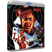 The Cannibal Man Blu-Ray cover featuring illustrated scenes of a man with a cleaver, blood, and fearful expressions, in a region B edition with slipcover