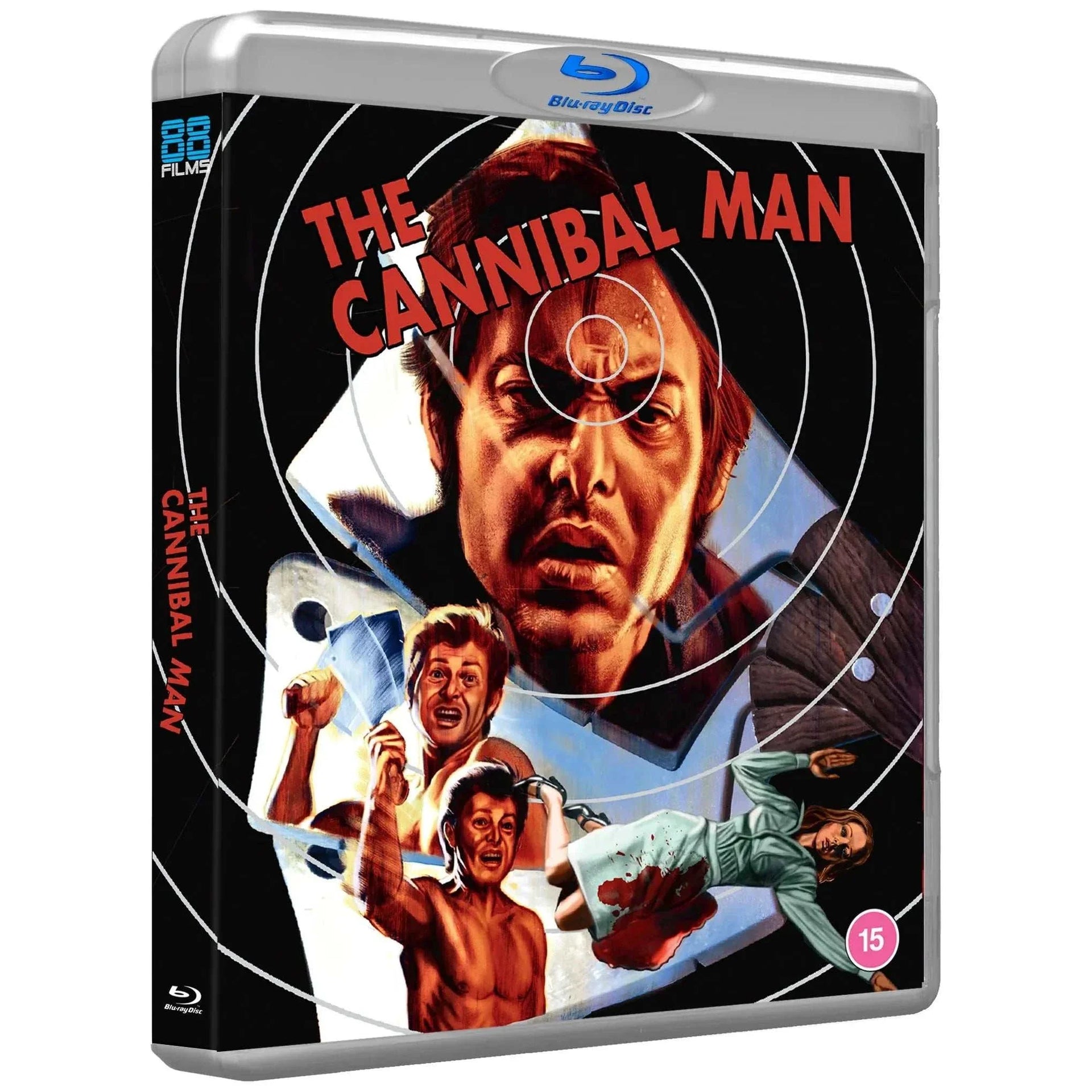 The Cannibal Man Blu-Ray cover featuring illustrated scenes of a man with a cleaver, blood, and fearful expressions, in a region B edition with slipcover