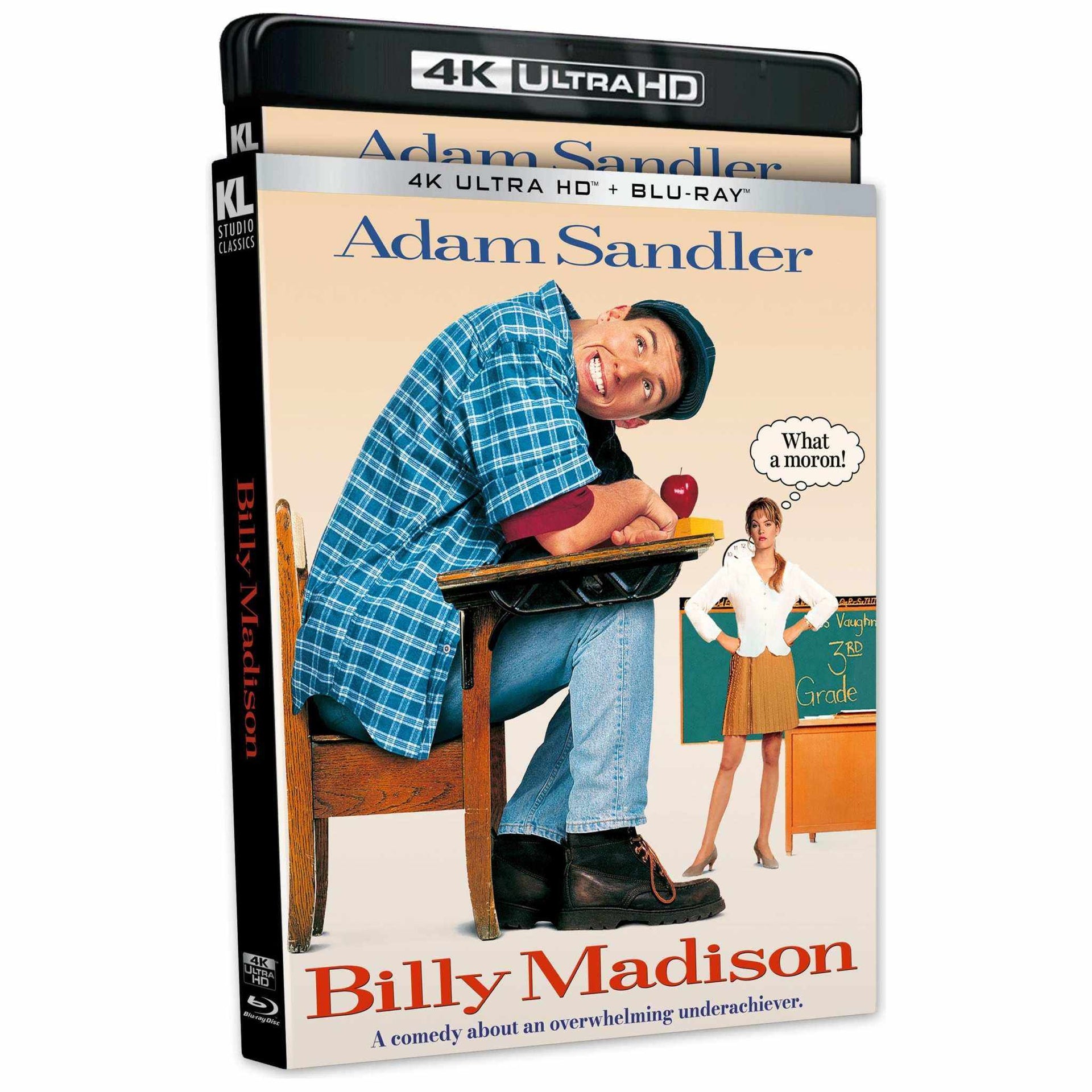 Billy Madison 4K UHD Blu-Ray movie cover featuring Adam Sandler sitting at a school desk with teacher standing by a chalkboard.