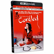 Curdled 4K UHD and Blu-Ray movie with slipcover featuring a comedic thriller cover image of a woman in red sitting on the floor surrounded by crime scene outlines.