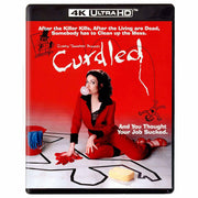 Curdled 4K Ultra HD and Blu-Ray movie with red cover featuring a woman blowing bubble gum in a red outfit sitting beside a crime scene outline.