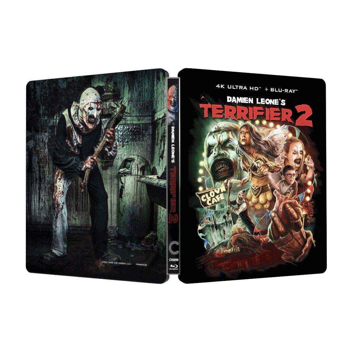 Terrifier 2 4K UHD Blu-Ray Steelbook packaging with Art the Clown on the cover.