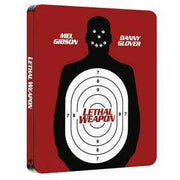 Lethal Weapon Ultimate Collectors Edition Steelbook 4K Ultra HD and Blu-Ray featuring Mel Gibson and Danny Glover with target silhouette design on red background