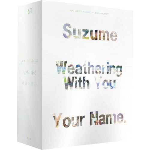 Shinkai Makoto 3-Movie Collection 4K Blu-Ray Limited Edition box set featuring Suzume, Weathering With You, and Your Name.