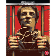 Cover of Scum 4K UHD and Blu-Ray showing a stylized image of a man gripping prison bars with a red background.