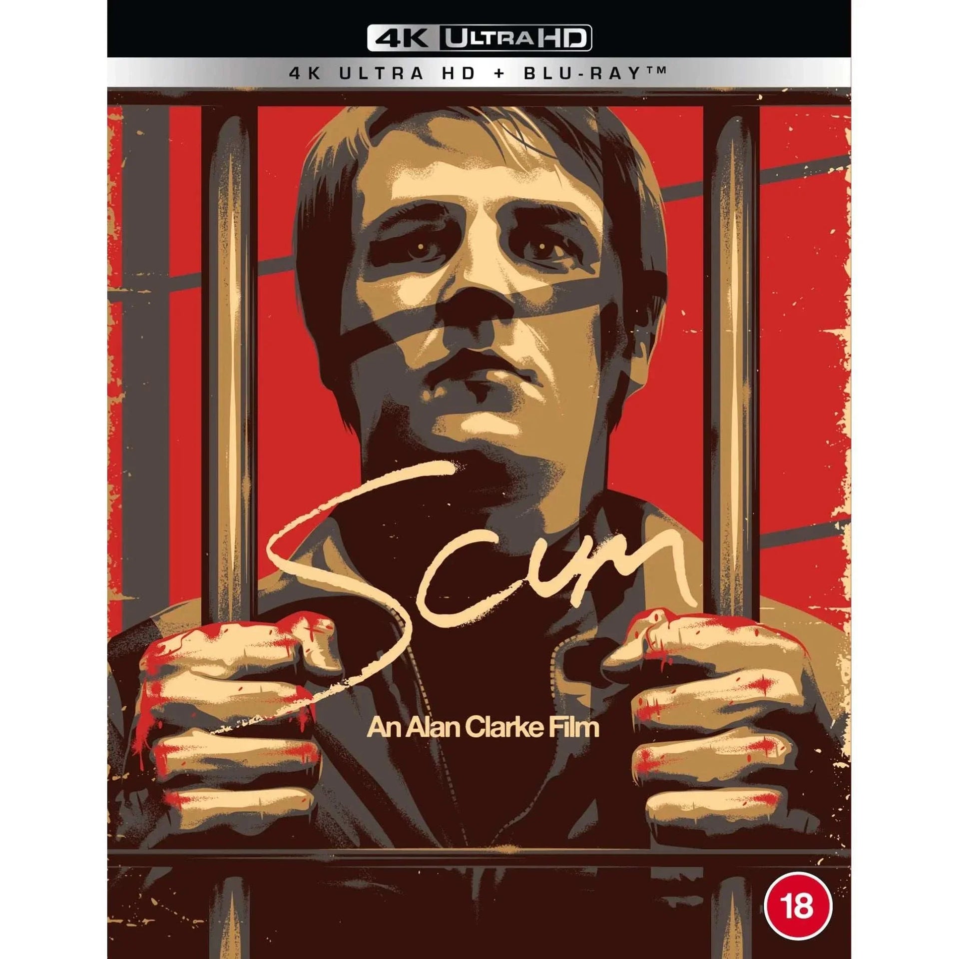 Cover of Scum 4K UHD and Blu-Ray showing a stylized image of a man gripping prison bars with a red background.