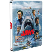 Jaws Limited Edition 50th Anniversary UK Steelbook 4K Ultra HD Blu-Ray with iconic shark and characters artwork