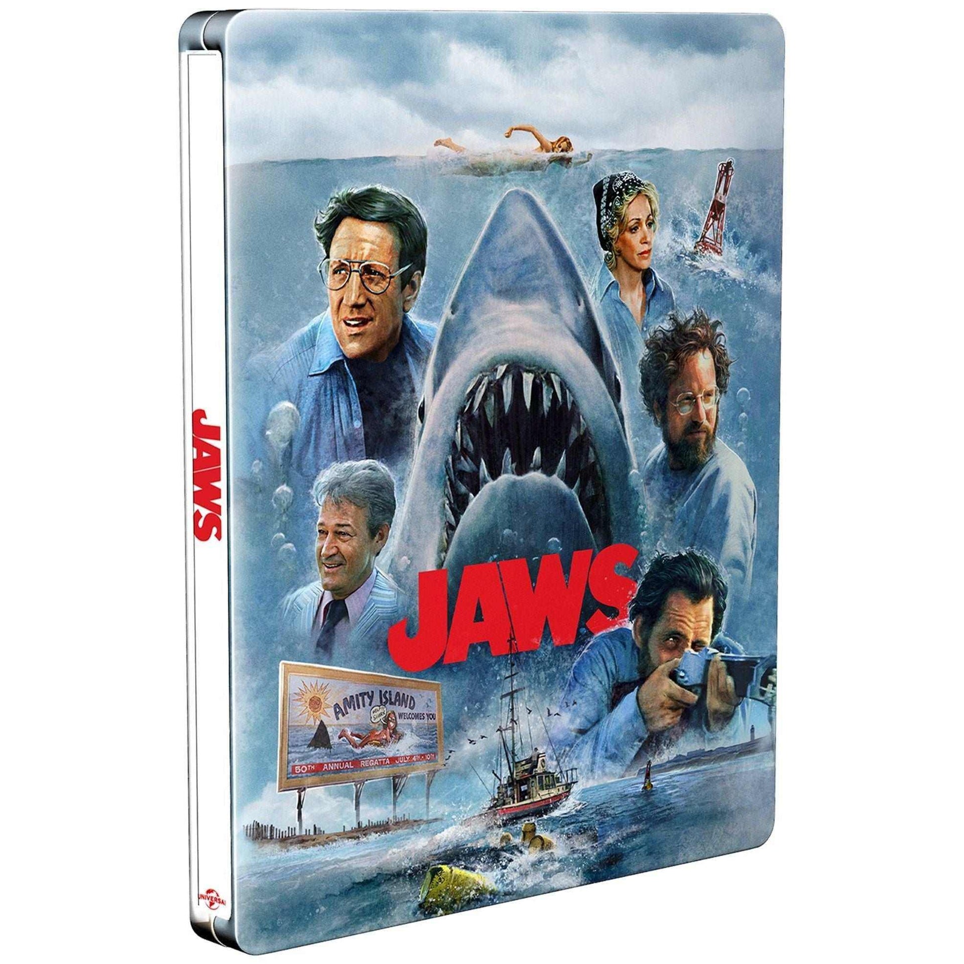 Jaws Limited Edition 50th Anniversary UK Steelbook 4K Ultra HD Blu-Ray with iconic shark and characters artwork