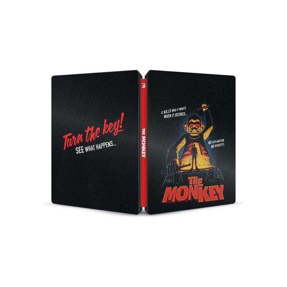 The Monkey Limited Edition Steelbook 4K Ultra HD + Blu-Ray packaging, featuring dark design with toy monkey and red text.