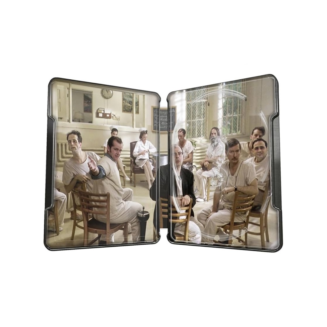 One Flew Over The Cuckoo’s Nest limited edition UK steelbook 4K Ultra HD and Blu-Ray open case showing characters in mental hospital scene