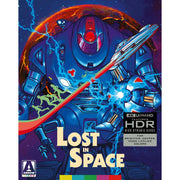 Lost In Space 4K UHD Blu-ray cover art featuring a giant robot, spaceship, and lightning with vibrant colors and HDR label
