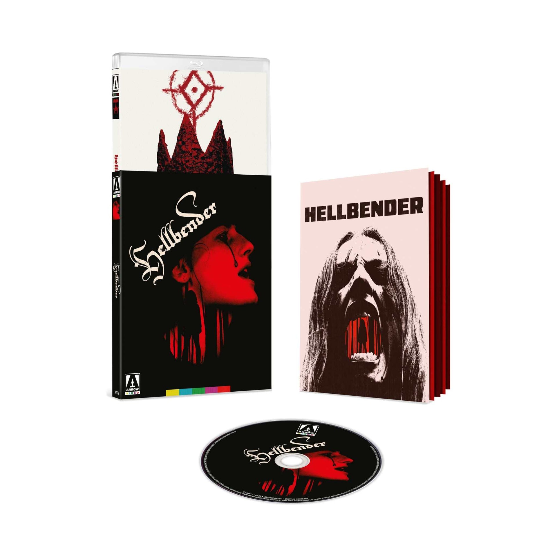 Hellbender Limited Edition Blu-Ray with slipcover and illustrated booklet featuring horror-themed cover art and disc design
