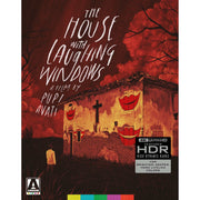 The House With Laughing Windows 4K UHD limited edition cover featuring a red eerie house with laughing window masks and dark trees background