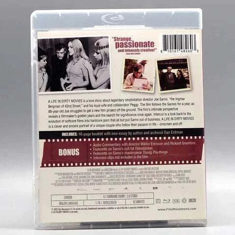 Blu-ray case for "A Life In Dirty Movies" with images and bonus features listed.