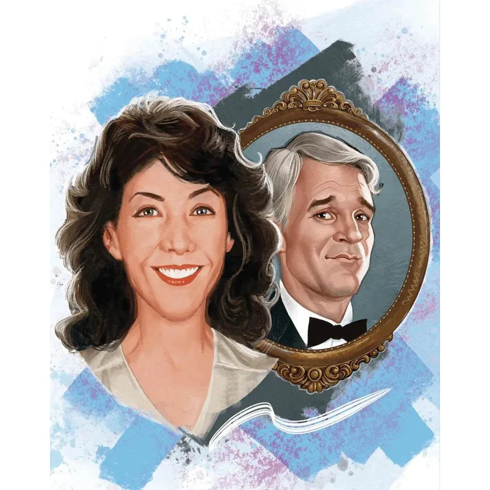 All Of Me 1984 comedy Blu-ray cover featuring illustrated portraits of a smiling woman and a man in a suit with a decorative oval frame background
