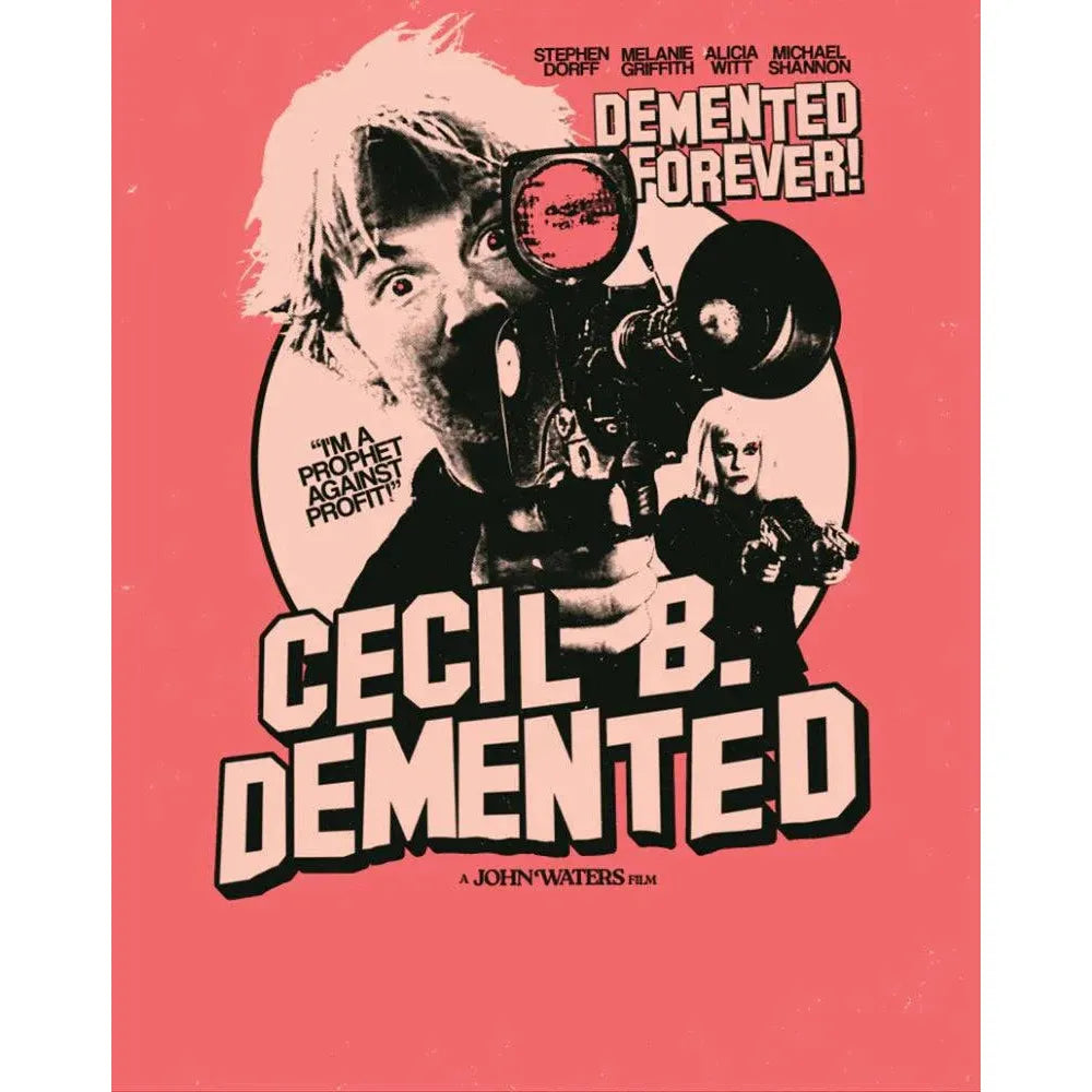 Cecil B. Demented Blu-Ray cover with vintage film camera and bold title on coral background