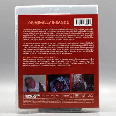 Criminally Insane 2 Blu-Ray with slipcover featuring newly restored classic film and bonus content.