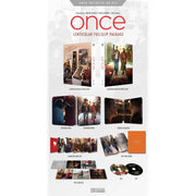 Once Limited Edition Steelbook Blu-Ray and CD box set featuring lenticular full slip package, exclusive poster, production notes booklet, character cards, and soundtrack discs for the musical film Once.