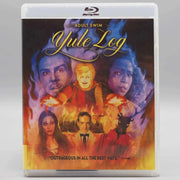 Dekanalog Adult Swim Yule Log Blu-ray cover featuring illustrated cast and fiery background