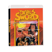 Blu-ray cover of The Devil’s Sword (1984) featuring a warrior holding a sword with a serpent and other characters in a fiery background and bold yellow title text.