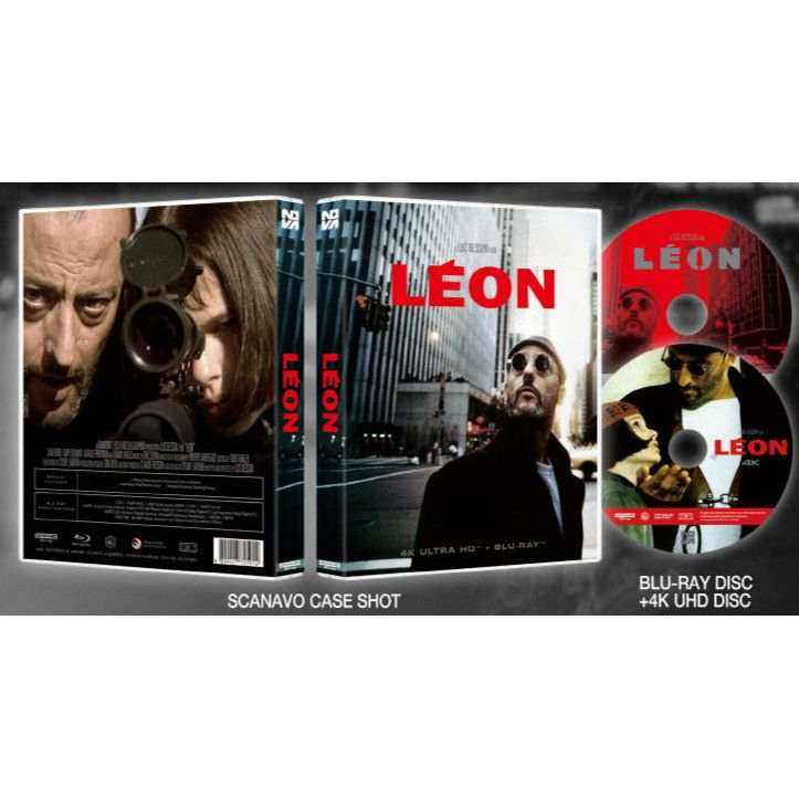 Leon 4K UHD and Blu-Ray full slip edition case with discs featuring urban city and main characters from the action crime drama film Leon directed by Luc Besson.