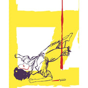 Stylized illustration of a woman wearing a mask lying on a yellow background with a red knife and blood, representing Eyes Without A Face film artwork