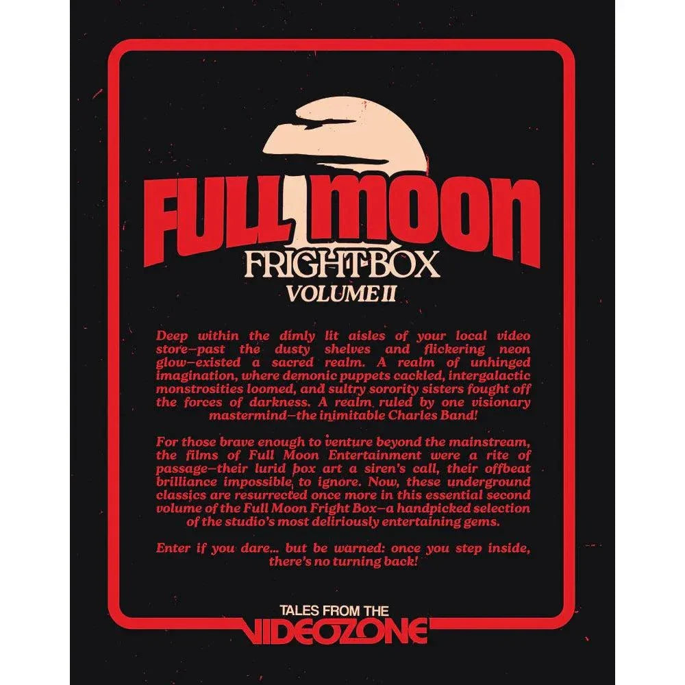Full Moon Fright Box Vol. 2 Blu-Ray box set cover with red and beige text on black background featuring horror movie titles and vintage video store theme.