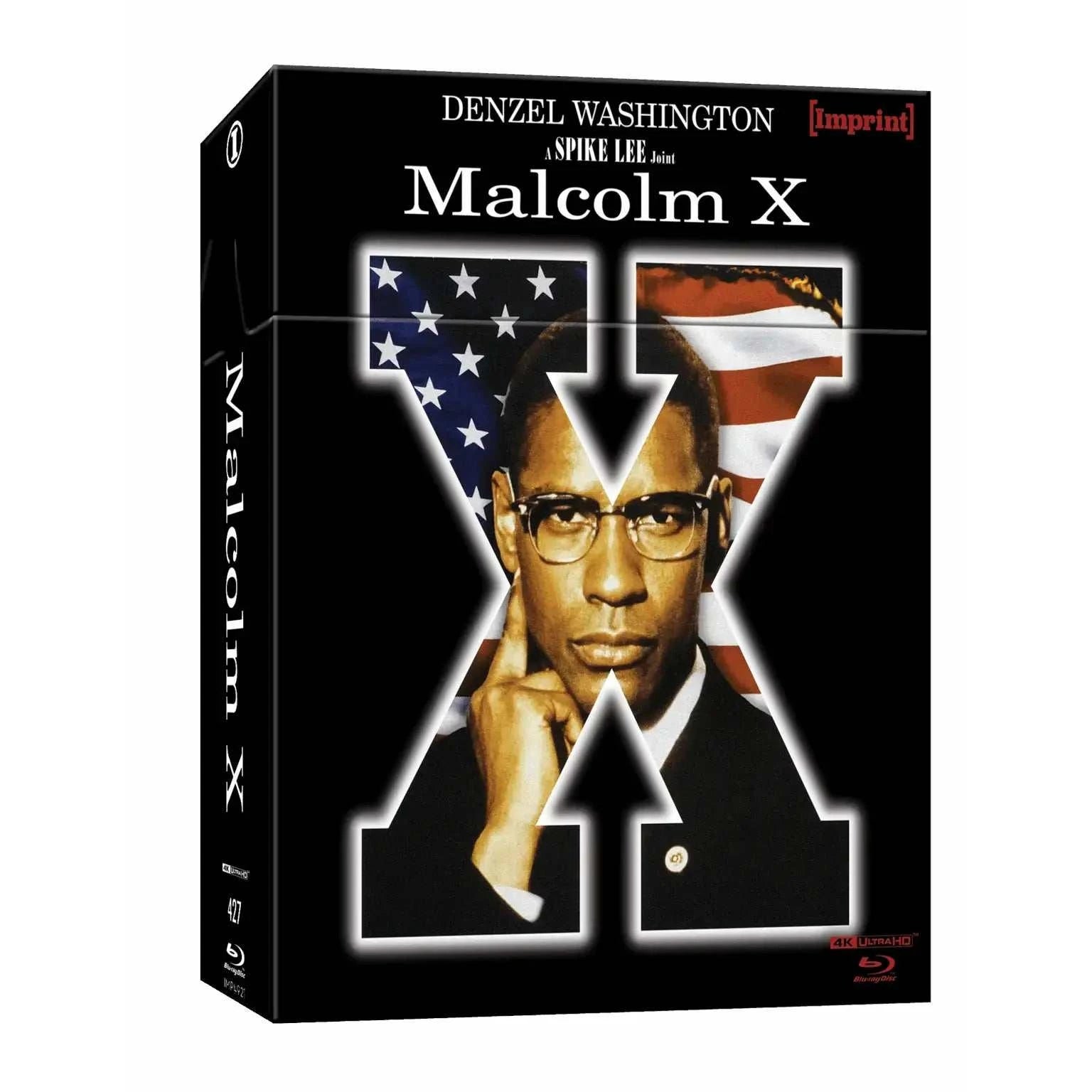Malcolm X 1992 4K UHD and Blu-ray limited edition 3-disc hardbox with Denzel Washington and American flag background