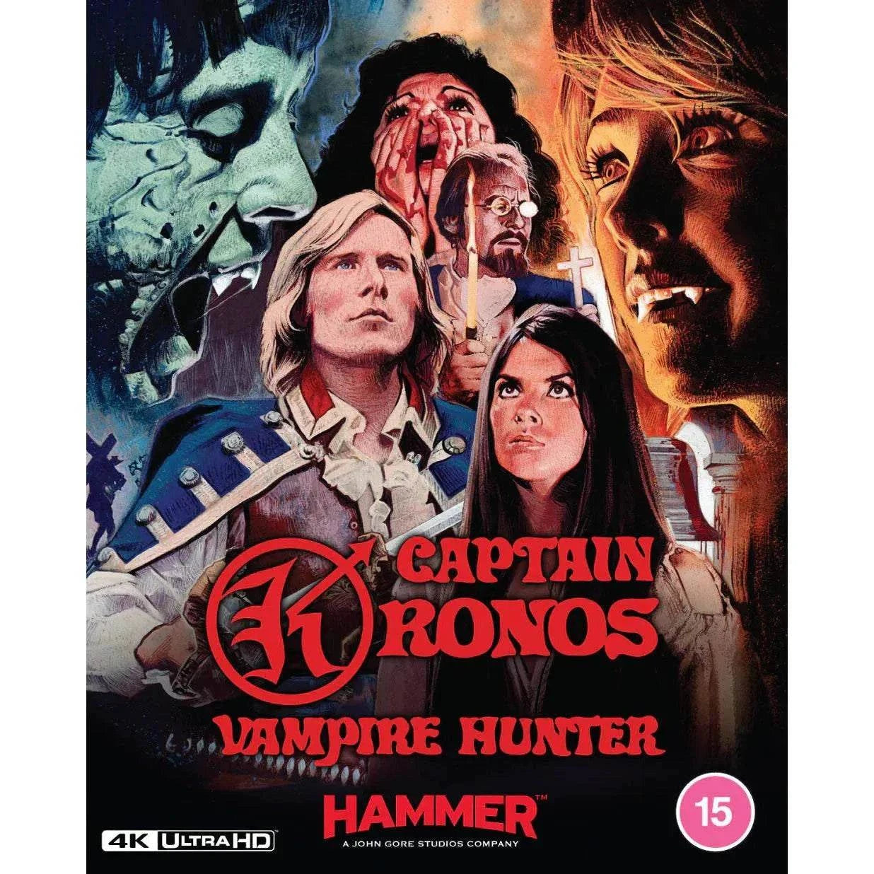 Captain Kronos - Vampire Hunter 4K Ultra HD cover with art of characters and vampire, Hammer Films edition.