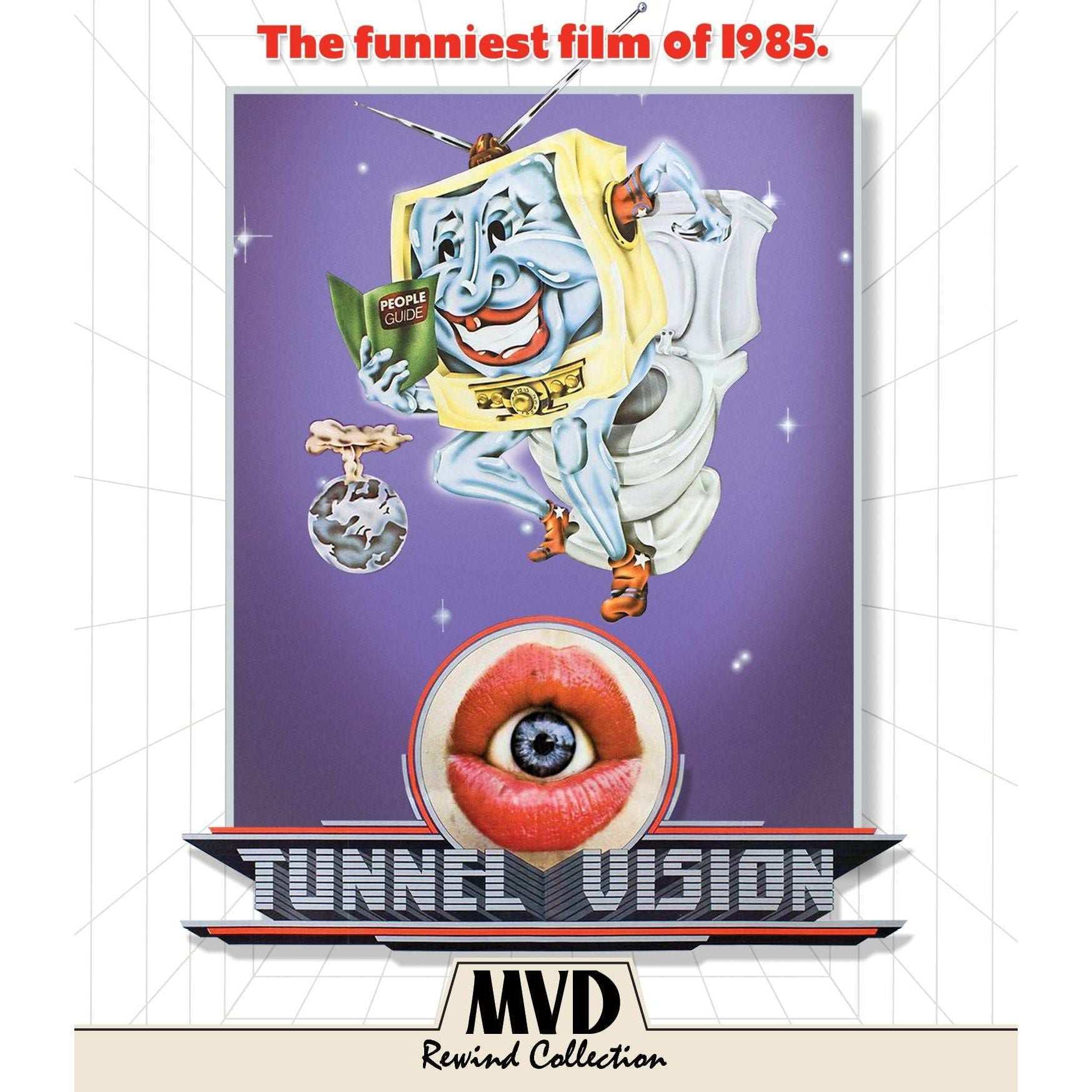 Tunnel Vision Blu-Ray with slipcover featuring 1985 satirical film artwork in the MVD Rewind Collection.