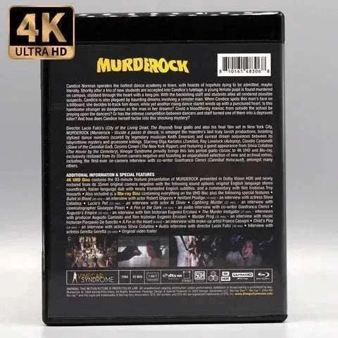 Vinegar Syndrome Murderock 4K UHD Blu-Ray with slipcase and slipcover, showcasing back cover and special features.