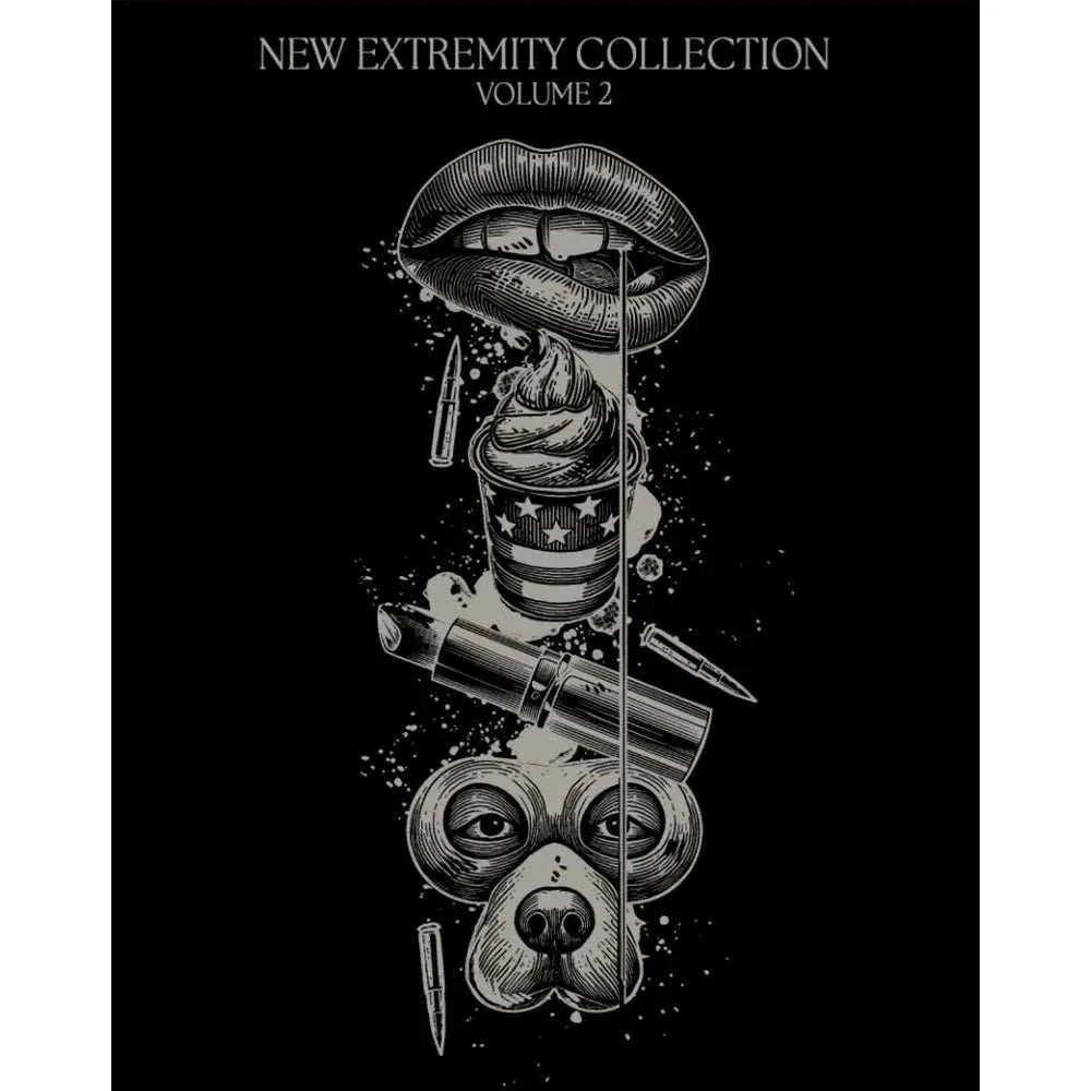 New Extremity Collection Volume 2 Blu-Ray box set cover art with lips, bullets, and dog illustration on black background